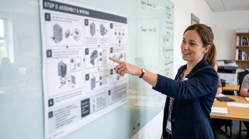 Betriebsanleitung erstellen lassen 1 Frau zeigt auf Whiteboard 2K 202608241447 1